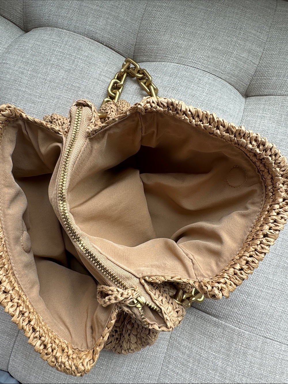Zara Raffia Shoulder Bag with Gold Chain Handle - Tan - Picture 3 of 7